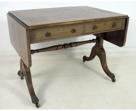 A Regency mahogany and brass inlaid sofa table, two frieze drawers with ring handles, squared supports with moulded detail jo