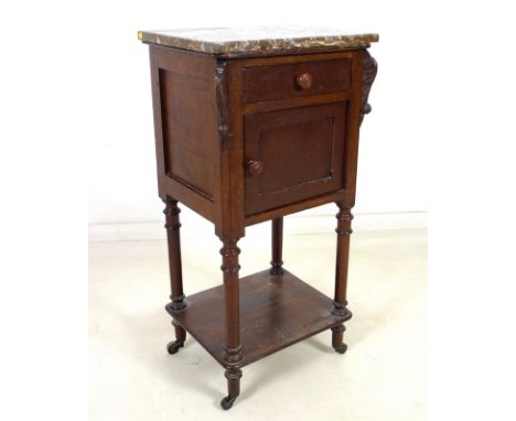 A 19th century French stained mahogany pot cupboard, with red marble surface, carved corbels, single drawer over a cupboard, 