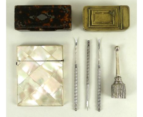 A collection of vertu, including a Victorian mother of pearl card case with conventional diamond pattern to body, 8 by 10.5cm