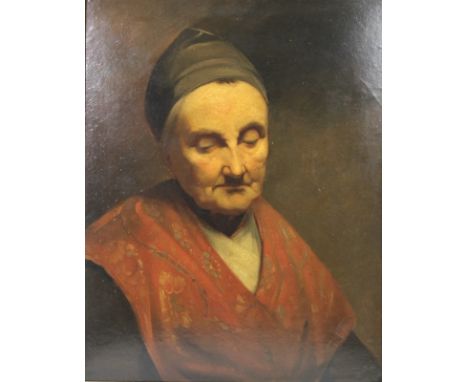 Flemish School (19th century): a portrait of a lady in a cap and embroidered shawl, oil on board, with indistinct signature a