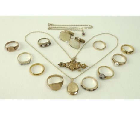 A collection of gold jewellery, comprising a 22ct gold wedding band, size N, 3.2g, three 18ct gold rings, including a sapphir