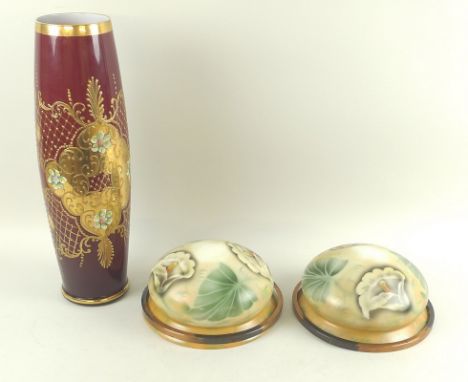 A pair of 1930's ceiling lights, the bowls decorated with lilies and and leaves, 22.5 by 11.5cm, together with a red glass va