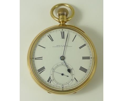 An 18ct gold pocket watch, open face, keyless wind, the white enamel dial with Roman numerals and subsidiary seconds dial, re