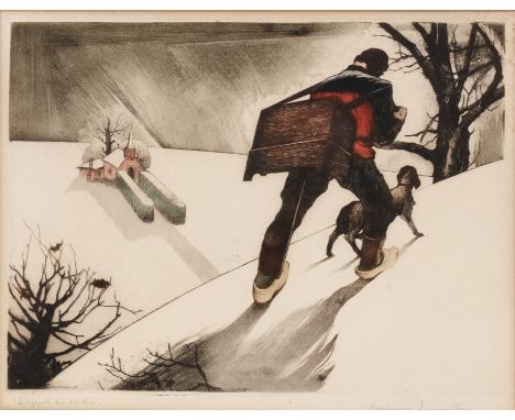 Maurice Langaskens (1884-1946)'L'Appel du Clocher', signed and inscribed in pencil to the margin, etching in colours, 24 x 32