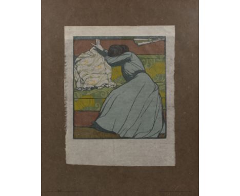 Maximilian Kurzweil (1867-1916)The cushion: the artist's wife seated on a sofa, woodcut in colours, 28.5 x 26cmProv: The Esta