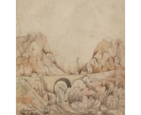 Russian school (late 19th century)Landscape with bridge, signed in cyrillic and dated 1893, watercolour, 11.5 x 10cm; three R