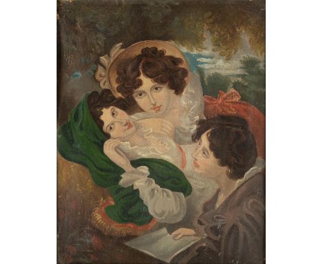 After George Henry HarlowThe Hamilton Sisters, oil on panel, 32.5 x 26cm, in pollard oak frame Prov: Enid Boulting (1928-2001