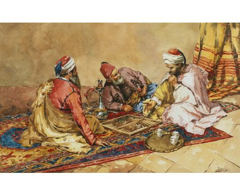 Eastern school (early 20th century)Arabs playing backgammon, indistinctly signed in Arabic, watercolour, 25.5 x 41cm