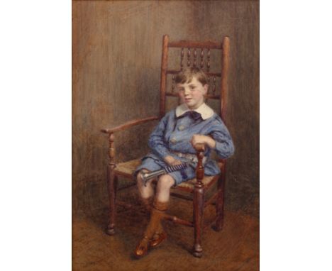 Woodbine K. Hinchliff (act. c.1890-1910)'Reggie', young boy in blue with a trumpet, seated upon a spindle back chair, signed 
