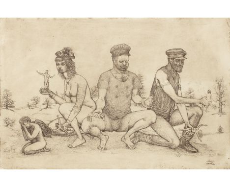 Eastern European school (20th century)A desolate landscape with three crouching figures and cherub, indistinctly inscribed an