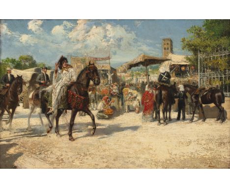 Juan José Gorate y Clavero (1869-1939)A busy market day, with figures arriving on horseback, signed and inscribed 'Roma', oil