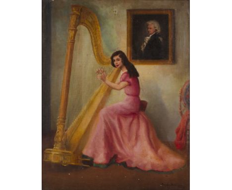 Douglas Swainson (20th century)Lady in a pink dress playing the harp, signed and dated 1962, oil on canvas  Not lined. Some b
