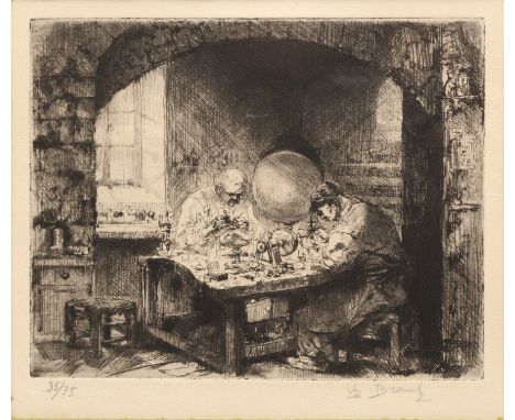 Auguste Brouet (1872-1941)Working the lathe, etching, signed in pencil, numbered 35/75, 12 x 14.5cm; and four others by the s