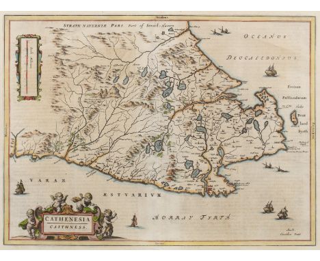 Joan Blaeu'Cathenesia Caithness', engraving, hand-coloured with decorative cherub cartouche, 38.5 x 52.5cm