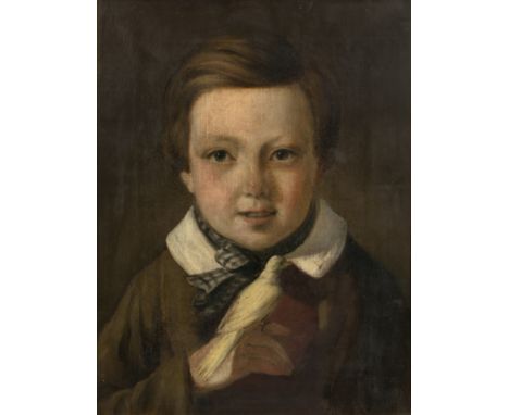 English school (19th century)Portrait of a young boy holding a white bird, oil on canvas, 40 x 31cm