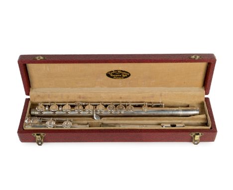 A French silver plated flute, by Bonneville Fils, Paris, No. 1288, 67.5cm long, in fitted caseAppears to be in good condition
