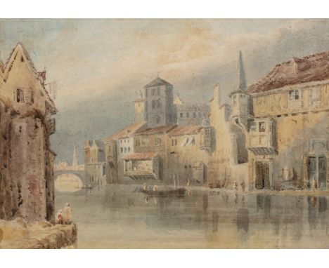 Circle of James Holland (1799/1800-1870)A Continental riverside town, watercolour, 18 x 26cm; together with C Macdonald - Bam