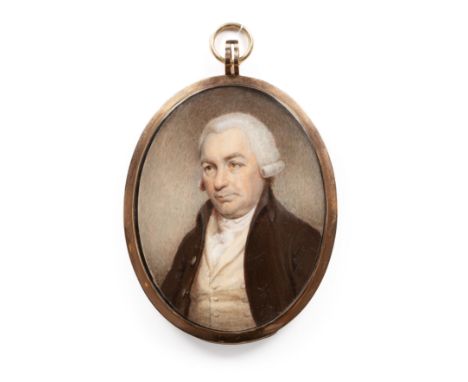 Circle of George Engleheart (1750-1829)An oval miniature portrait of a gentleman, bust length wearing a dark brown coat with 