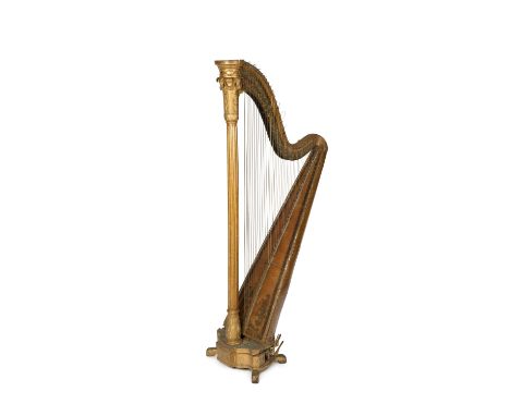 A 19th century burr wood veneered and gilt gesso harp, signed J A Stumpff, Portland St, Portland Place, London, decorated wit