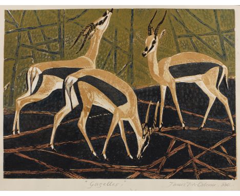 James Thomas Armour Osborne (1907-1979)'Gazelles', woodcut in colours, pencil signed in the margin and titled, 28 x 38cm, unf