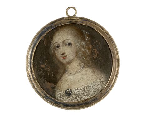 English school (18th century)A miniature circular portrait of a young lady, in lace trimmed dress and wearing pearls at her n