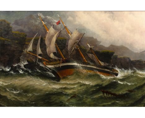 Stuart Henry Bell (1823-1896)A ship in full sail in stormy waters, signed and dated 1895, oil on canvas, 50 x 75cm, and compa