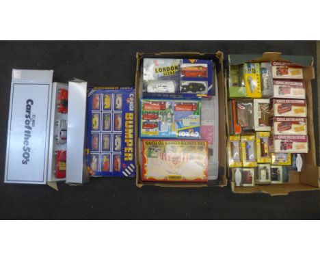 Two boxes of die-cast model vehicles including Corgi, Atlas, Oxford die-cast, Vanguards, and a Corgi Cars of the 50's set 