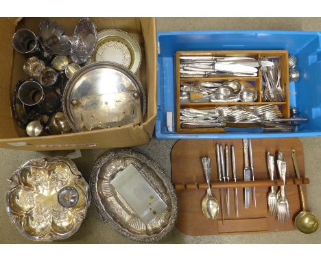 A box of silver plated items and a box of flatware**PLEASE NOTE THIS LOT IS NOT ELIGIBLE FOR POSTING AND PACKING** 