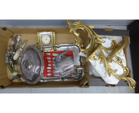 Two boxes of assorted items, a gilt metal display shelf, ceiling light, plated teapot and serving dish, tray, etc.**PLEASE NO