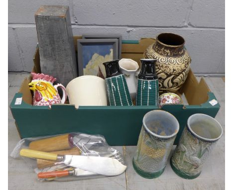 Two framed oils on board, two pairs of ceramic vases, one Austrian, other West German vases, etc., and a Murano Millefiori gl