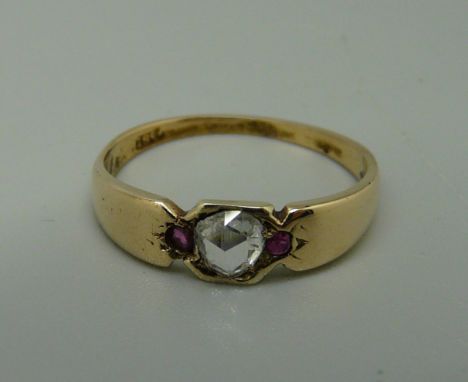 An 18ct gold, rose cut diamond and ruby ring, 2.4g, P 