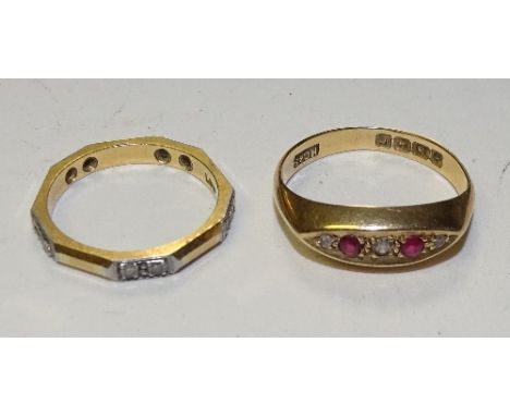 An 18ct gold ruby and diamond five stone ring, stamped 18, ring size L, 2.3g, together with an 18ct gold and platinum diamond