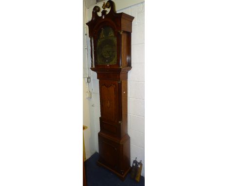 A George III mahogany inlaid and oak grandfather clock, the hood having broken scroll pediment with gilded decoration and gil