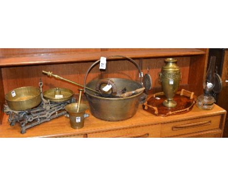 A sundry lot of brass and metalwares, to include brass jelly pan, mortar & pestle, old scales, cast iron flat iron, glass oil