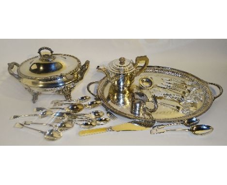 A quantity of Victorian and later plated wares, to include a Victorian serving tray dated 1893, plated tureen with ladle, a p