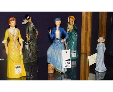 Four Goebel figurines, to include 'Afternoon Tea' 1875 and 'Equestrian' 1887, tallest 21cm high, together with a Royal House 