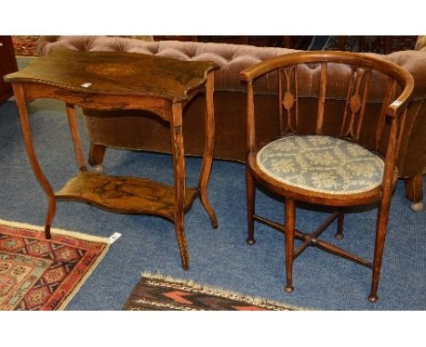 An Edwardian rosewood inlaid two tier occasional table, 68cm high x 68cm wide, together with an Edwardian mahogany bow back c
