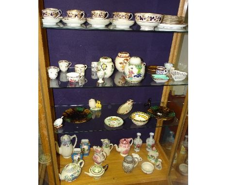 A miscellaneous collection of 19th century and later ceramics, to include Staffordshire flatback figure of a sheep, Chinese g