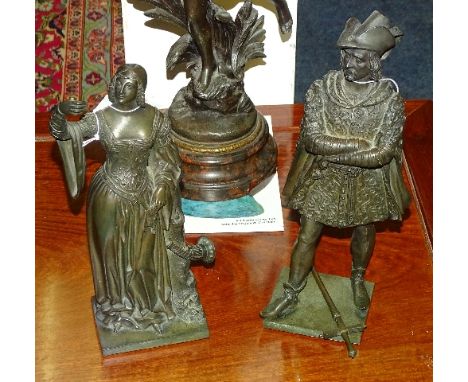 A pair of bronze figures, of a lady and gentleman in medieval dress, unsigned, tallest 32cm high (2)