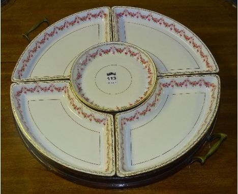 A Ford's china for T Goode & Co ceramic hors d'oeuvres set on mahogany tray, circa late 19th century, decorated with pink ros