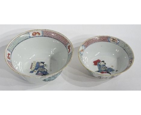Two Chinese famille rose bowls circa late 19th/early 20th century, decorated with hand painted Emperor figure to the base of 