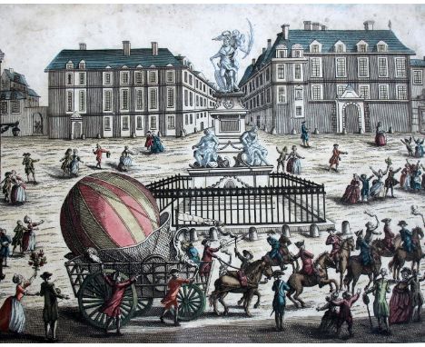 After Jacques Chereau'Le Retour du Globe Aerostatique'Coloured engraving 29.5 x 41cm Together with another print, 'St Cloud f