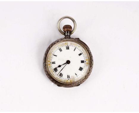 A sterling silver ladies open faced pocket watch with white enamel dial, gilt decoration and roman numeral markers to a chase