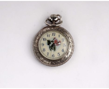 A sterling silver ladies pocket watch, open face with white enamel and floral decoration. 