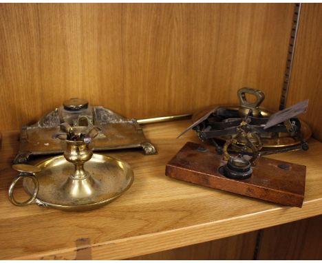 A telescopic brass fork, a set of postal scales, a brass desk tidy with glass ink well, a chamber stick and other items. 