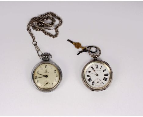 A sterling silver key wind pocket watch by Edmund Billings, White enamel face with Roman numeral markers and subsidiary secon