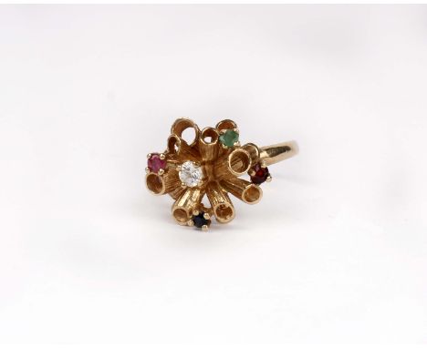 A 9ct gold flower ring set with diamond sapphire, ruby emerald and garnet. 3g size O