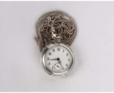 A sterling silver ladies pocket watch by Jaegar Le Coultre with enamel picture back together with a sterling silver long guar