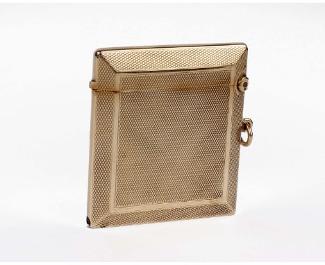 A large 9ct gold vesta case with engine turned decoration. 35g 