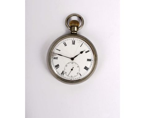 An early 20th century British military issue, open faced crown wind, pocket watch.  Gun metal case. 15 jewel movement White e